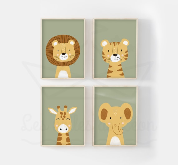 Lot 4 affiches safari  lion girafe tigre éléphant poster chambre bébé décoration murale savane idée cadeau naissance