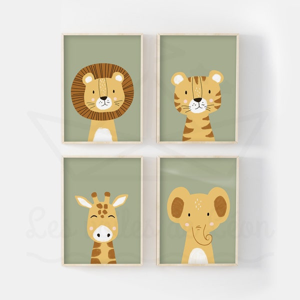 Lot 4 affiches safari A4(21x29,7cm) ou 13x18cm lion girafe tigre éléphant poster chambre bébé décoration murale savane idée cadeau naissance