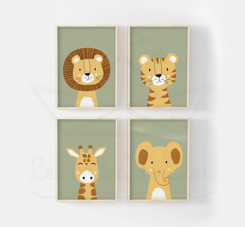 Lot 4 affiches safari A421x29,7cm ou 13x18cm lion girafe tigre éléphant poster chambre bébé décoration murale savane idée cadeau naissance Vert olive