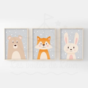Lote de 3 carteles infantiles 30x40 oso, zorro, conejo, regalo de nacimiento, habitación de bebé, recién nacido, gris, beige, decoración naranja, fondo nieve