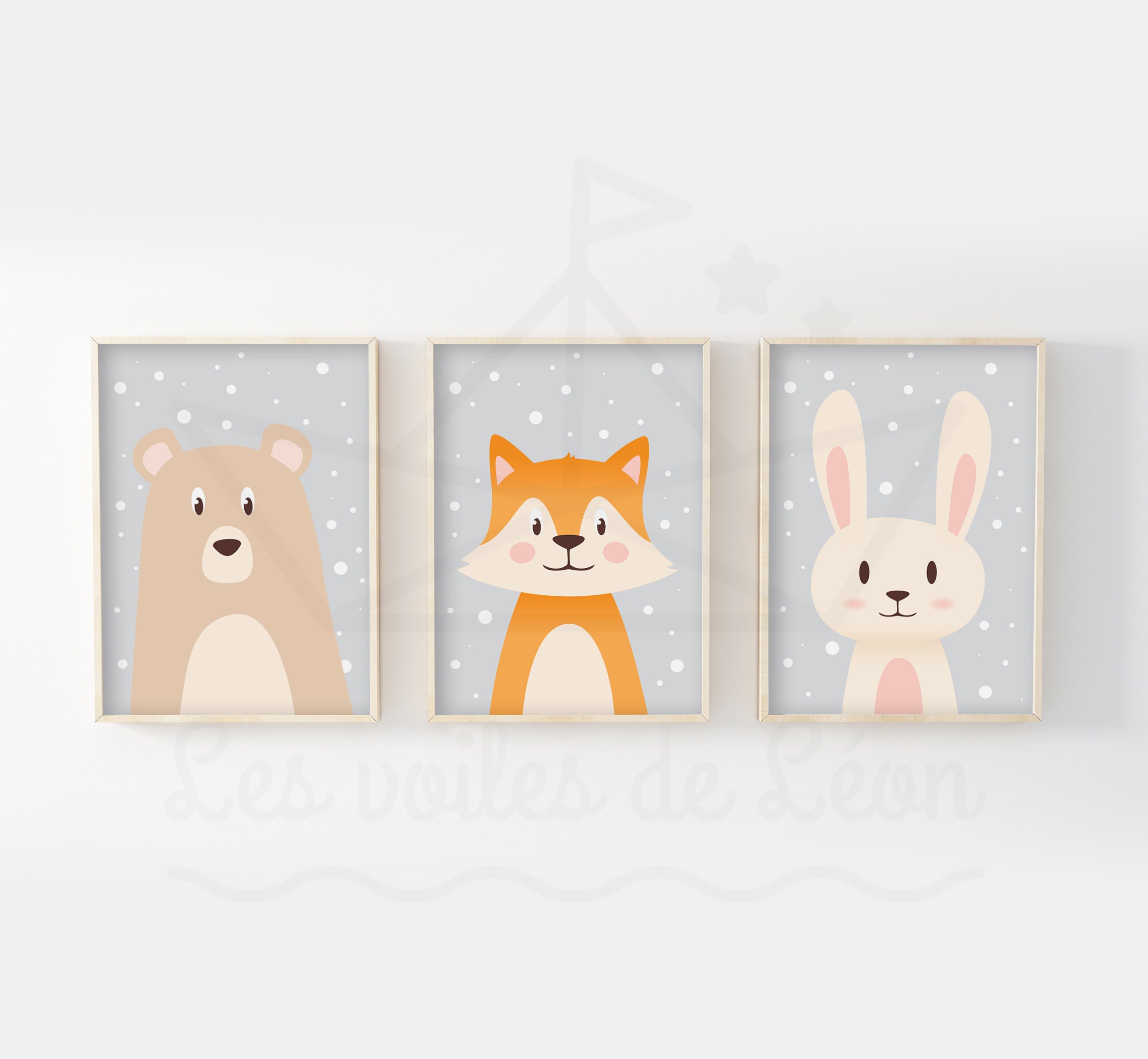 Lot 3 Affiches Enfant 30x40 Ours, Renard, Lapin, Cadeau Naissance, Chambre Bébé, Nouveau-Né, Décorat