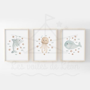 Conjunto de 3 carteles de acuarela bebé marino A4 (21x29,7cm) O 13x18cm decoración de pared habitación infantil ilustraciones océano delfín medusa ballena