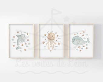 Set med 3 akvarellposters: babyhav, väggdekoration för barnrum, havsillustrationer, delfin, manet, val