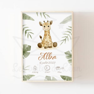 Póster de nacimiento de jirafa de safari, 30 x 40 cm, ilustración personalizada, recuerdo, nombre, peso, altura, tiempo, decoración de habitación de bebé de la jungla