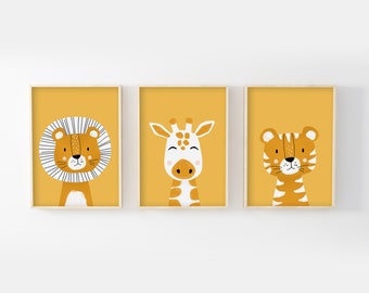 Lot 3 posters child 30x40 collection safari, lion, giraffe, tiger, gift birth, children's room, baby, childcare decoration