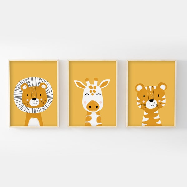 Lot 3 posters kind 30x40 collectie safari, leeuw, giraffe, tijger, geschenk geboorte, kinderkamer, baby, kinderopvang decoratie