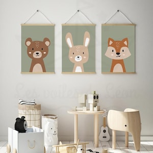 Lote de 3 carteles de bosque habitación de bebé A4 (21x29,7 cm) O 13x18 cm oso conejo zorro decoración de pared infantil carteles de animales idea de regalo de nacimiento