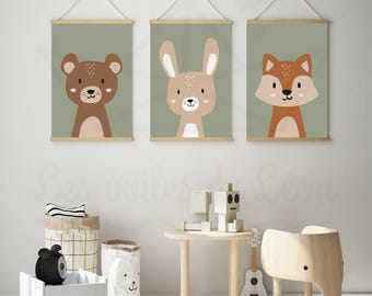 Lote 3 pôsteres de floresta para quarto de bebê, a4 (21x29.7cm) ou 13x18cm, urso, coelho, raposa, decoração de parede infantil, pôsteres de animais, ideia de presente de nascimento