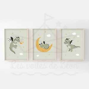 Juego de 3 pósteres infantiles de dragones A4 (21 x 29,7 cm) o 13 x 18 cm, pósteres de estrellas y cielo, decoración de pared para habitación de bebé, idea de regalo de nacimiento