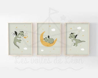 Set of 3 children's posters: dragons, stars, sky - nursery posters, magical wall decoration, baby shower gift idea