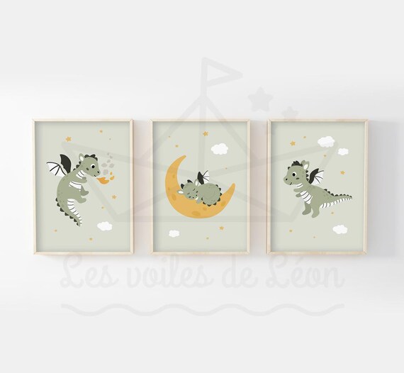 Lot 3 posters enfant dragons A4(21x29,7cm) ou 13x18cm étoiles ciel affiches chambre bébé décoration murale féerique idée cadeau naissance