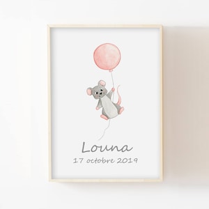 Póster personalizado con el nombre del niño, tamaño A4/13 x 18, ilustración de acuarela de un ratón con globo, idea de regalo para el nacimiento de un bebé, póster de pared con animales