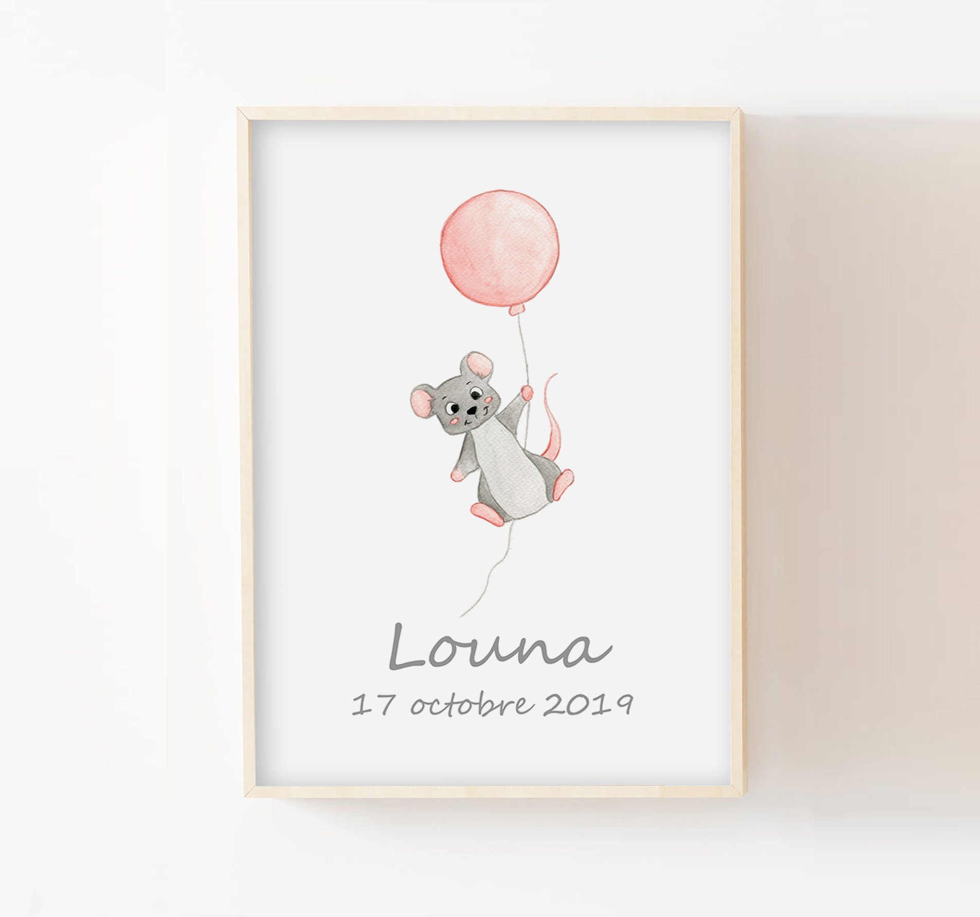 Affiche Prénom Personnalisé Enfant A4/13x18, Illustration Aquarelle Souris Ballon, Idée Cadeau Naiss