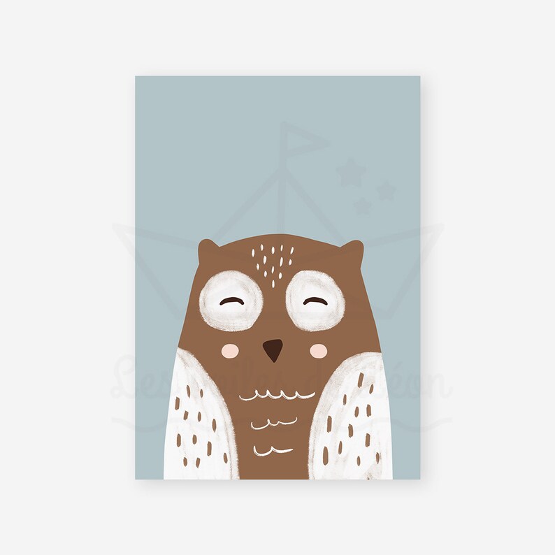 May include: A brown owl with white spots and closed eyes on a light blue background.