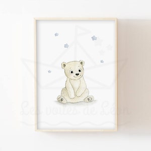 Póster de oso polar bebé A4 (21 x 29,7 cm) o 13 x 18 cm, ilustración de acuarela, decoración de pared, habitación infantil, póster personalizado con nombre