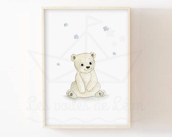 Baby polar bear poster, watercolor illustration, wall decoration for children's room, personalized poster with name