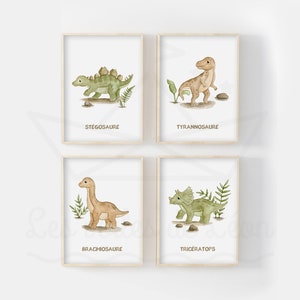 Juego de 4 pósters de dinosaurios A4 (21x29,7cm) o 13x18cm ilustraciones en acuarela decoración de pared para bebé habitación infantil jurásico
