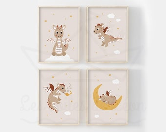 Set of 4 children's posters featuring a dragon in the stars, perfect for a baby's room, a magical wall decoration, and a great baby shower gift idea.