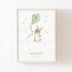 Póster de cometa de conejo bebé A4 (21 x 29,7 cm) o 13 x 18 cm, ilustración de acuarela, decoración de pared del cielo, idea de regalo de nacimiento para habitación infantil