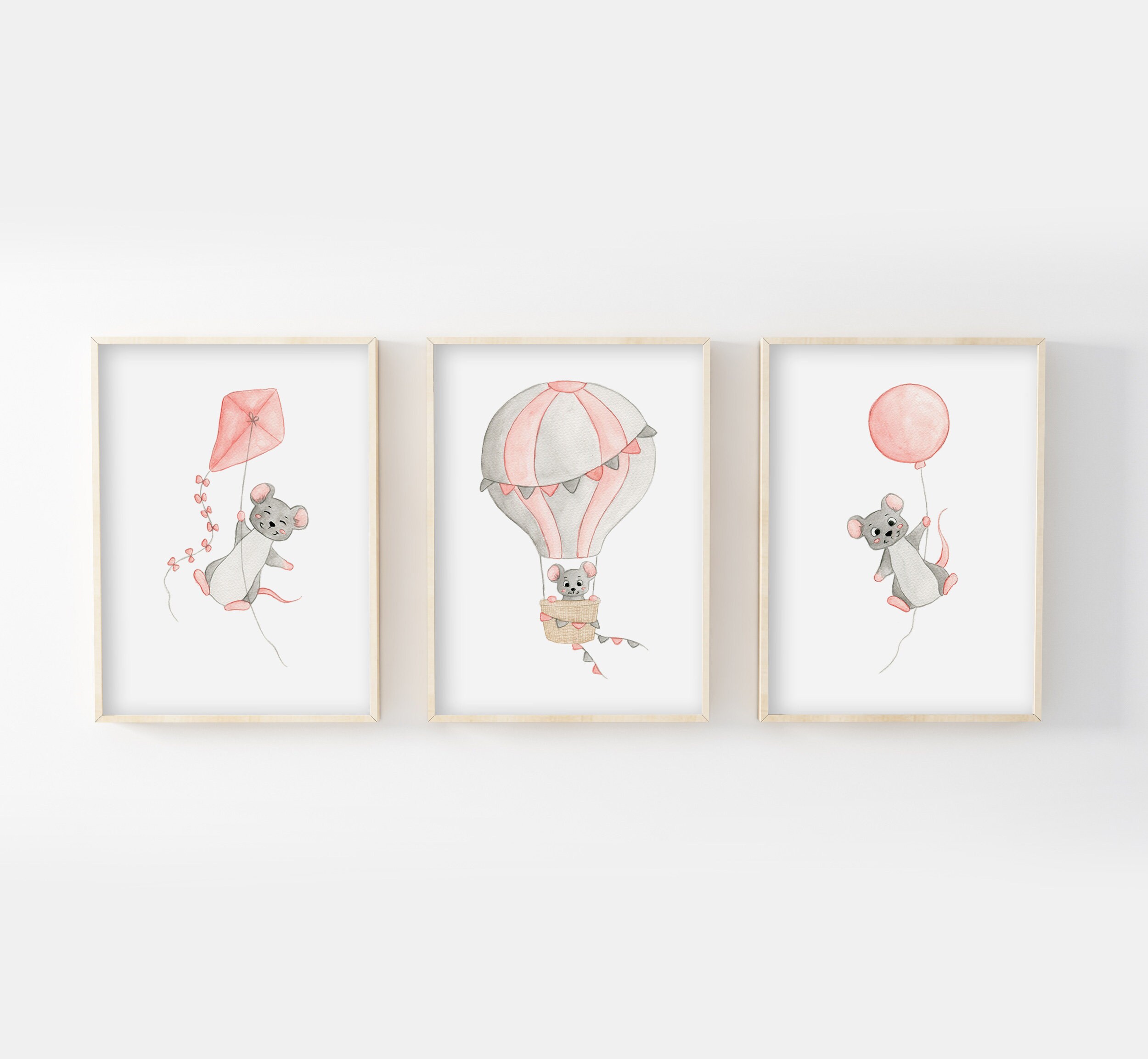 Affiches Aquarelle Enfant 30x40cm, Lot 3 Illustrations Souris Ballon, Cerf-Volant, Montgolfière, Cad