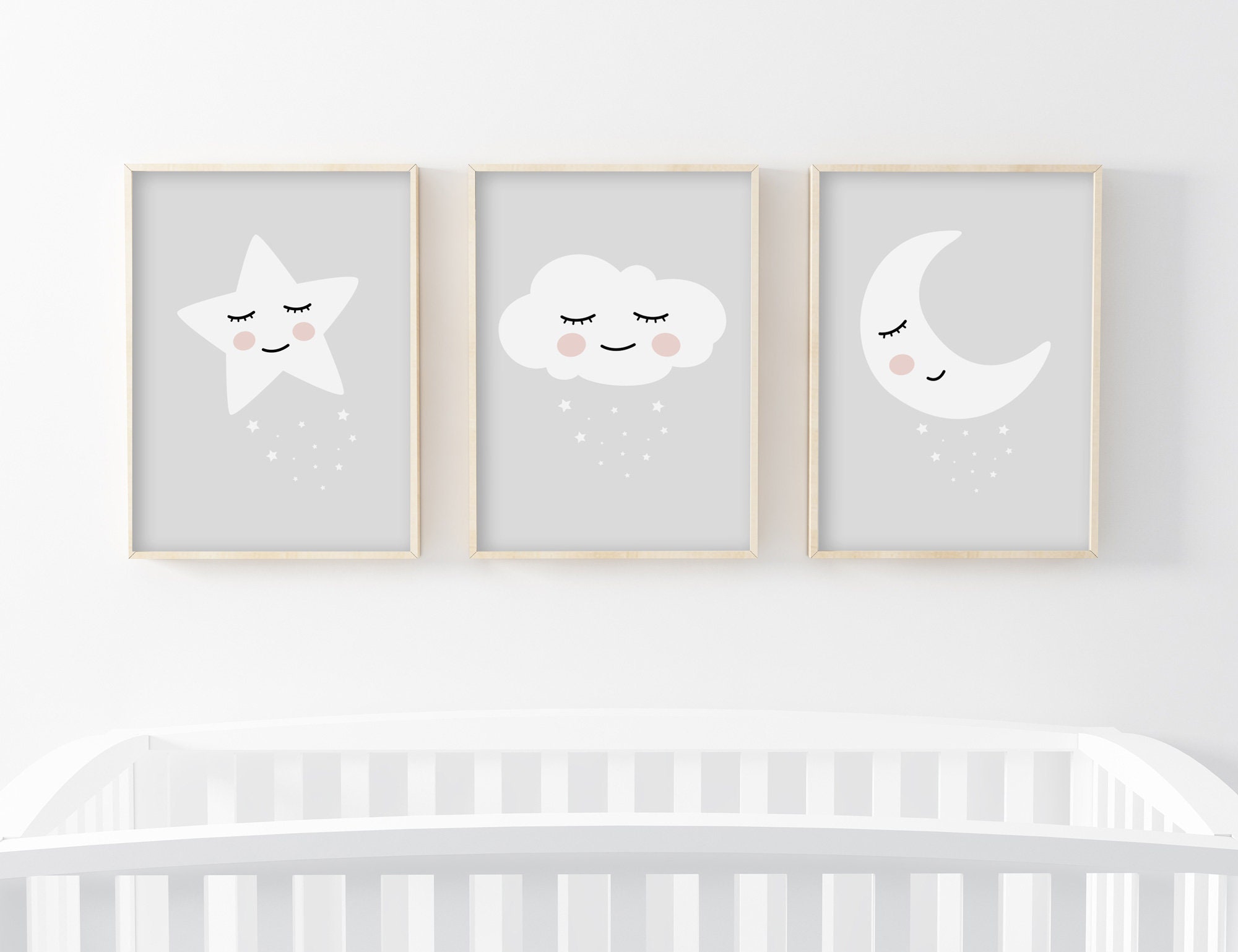 Lot 3 Affiches Enfant A4/13x18cm Lune, Étoile, Nuage, Cadeau Naissance Chambre, Bébé, Décoration Fil