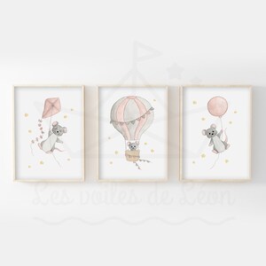 Pósteres infantiles de acuarela 30x40cm, set de 3 ilustraciones globo ratón, cometa, globo aerostático, regalo de nacimiento, decoración habitación bebé