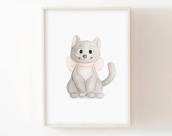 Children's cat poster, baby wall decoration, girl's room poster, watercolor illustration of a kitten, baby shower gift idea