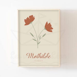 Póster de la habitación del bebé de amapola A4 (21x29,7 cm) O póster de 13x18 cm personalizado nombre flor decoración de la pared chica impresión neutral boho