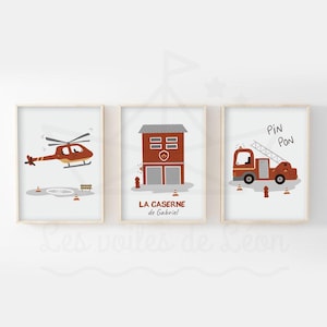 Set aus 3 personalisierten Kinderzimmer-Postern, Feuerwehrmann-Wanddekoration, Vornamen, Baby-Jungen-Poster, Fahrzeuge, LKW, Feuerwache, Rettung