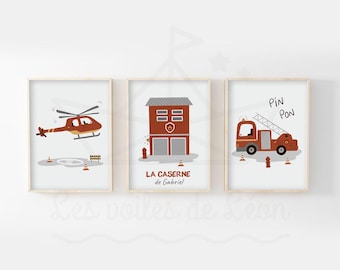 Set of 3 personalized children's room posters: firefighter wall decoration, baby boy's name, vehicle posters, fire station, rescue truck