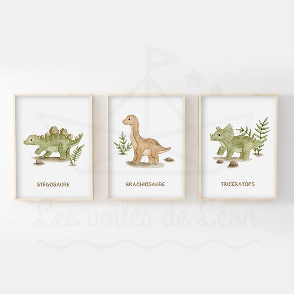 Lot 3 affiches dinosaures A4(21x29,7cm) ou 13x18cm illustrations aquarelles bébé décoration murale chambre enfant idée cadeau naissance