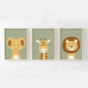 Set of 3 safari children's posters A4 (21x29.7cm) OR 13x18cm lion giraffe elephant wall decoration baby room poster savannah birth gift