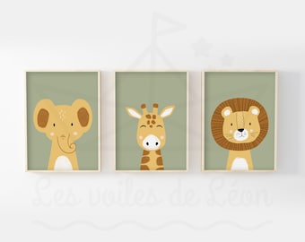 Set of 3 children's safari posters: lion, giraffe, elephant, wall decoration for baby's room, savannah poster, baby shower gift