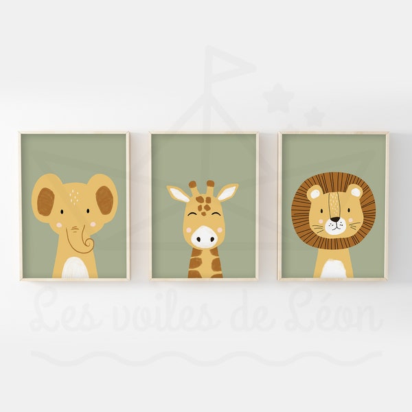 Lot 3 affiches enfant safari A4(21x29,7cm) OU 13x18cm lion girafe éléphant décoration murale chambre bébé poster savane cadeau naissance