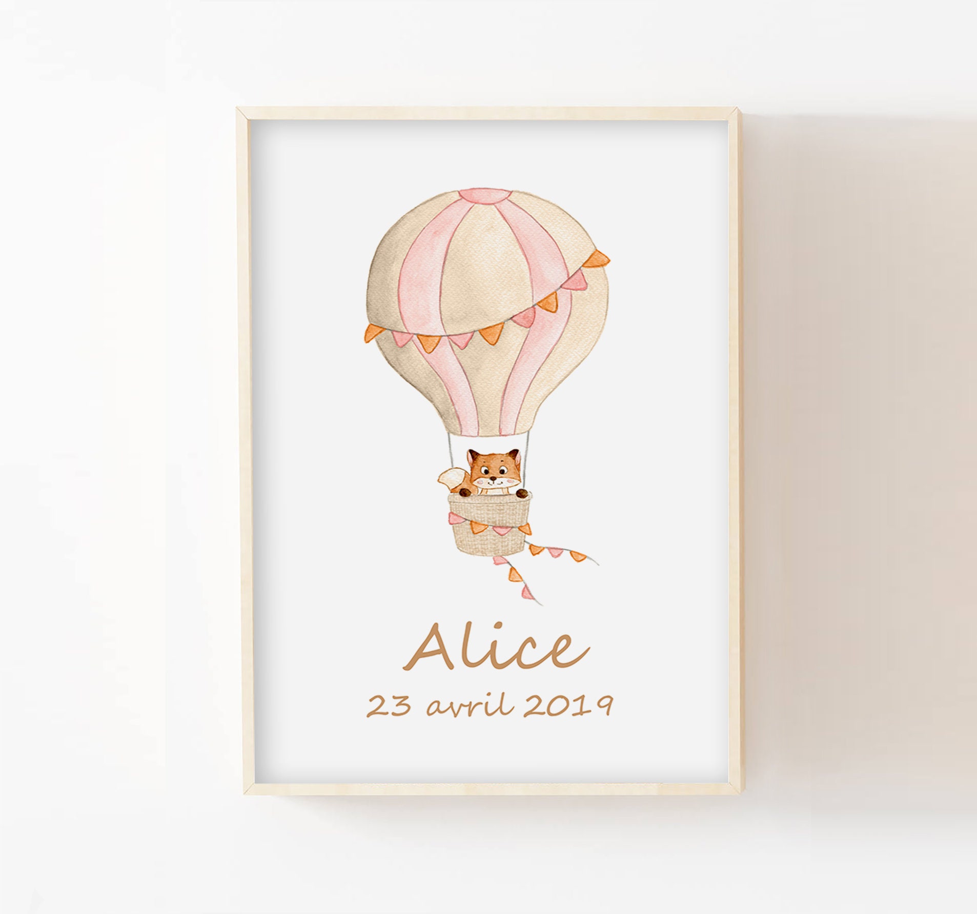 Affiche Bébé A4/13x18, Aquarelle Renard Dans Sa Montgolfière, Idée Cadeau Naissance, Décoration Mura