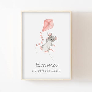 Poster met voornaam van kind, A4/13x18, aquarelillustratie muisvlieger, idee voor geboortecadeau, dierenwandposter