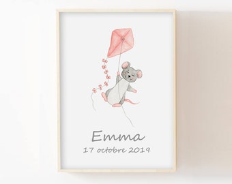 Affiche prénom enfant, A4/13x18, illustration aquarelle souris cerf volant, idée cadeau naissance bébé, poster mural animaux