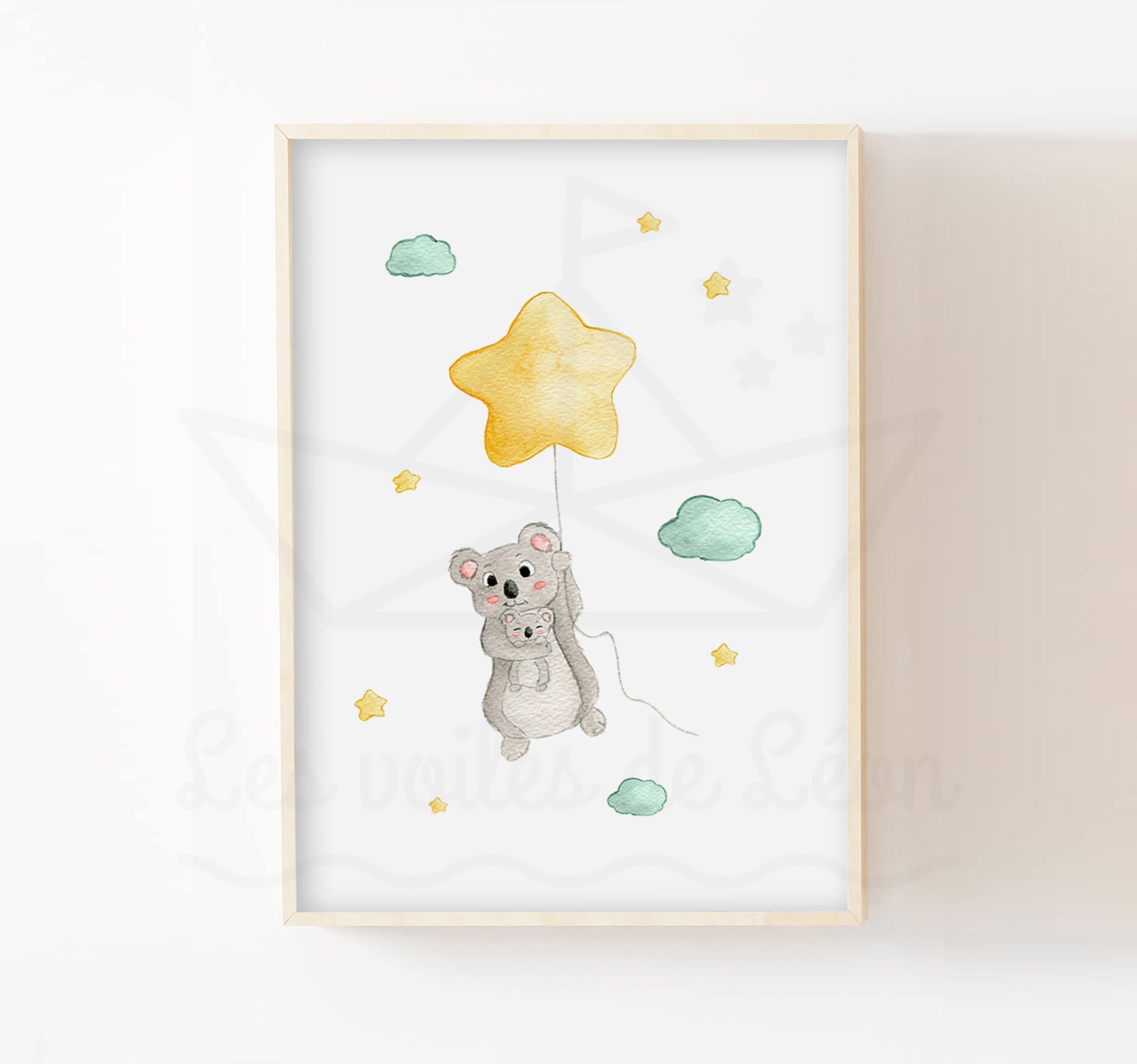 Illustration Chambre Enfant 30x40cm, Aquarelle Koala Étoile, Idée Cadeau Décoration Murale Bébé, Pos