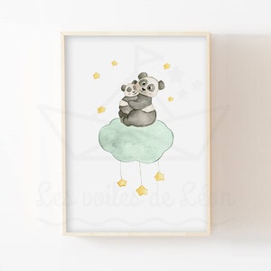 Ilustración de acuarela panda nube A4 (21x29,7cm) o 13x18cm decoración de pared bebé animales estrellas cielo nacimiento idea regalo