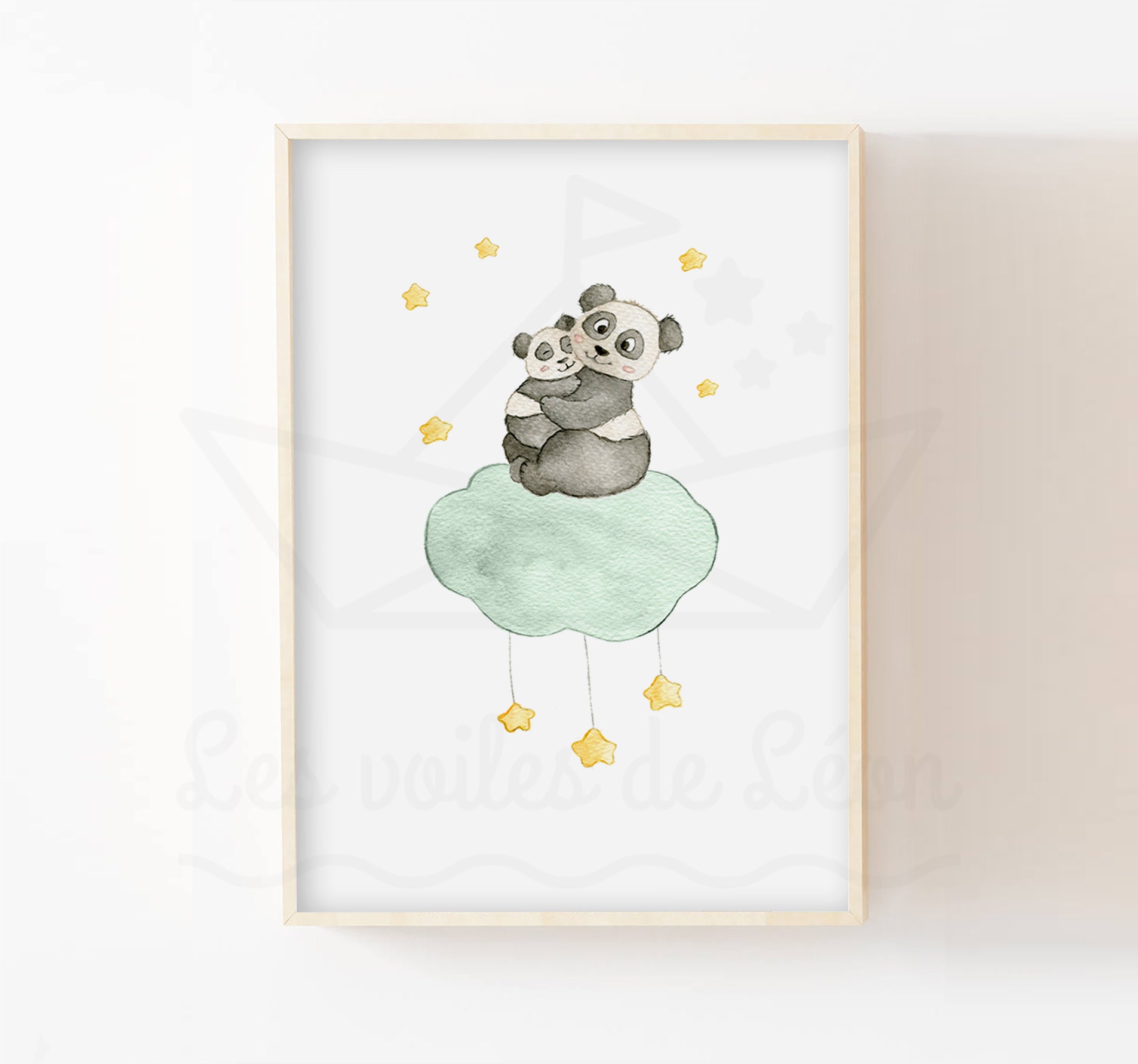 Illustration Aquarelle Panda Nuage A4(21x29, 7cm ou 13x18cm Décoration Murale Bébé Animaux Étoiles C