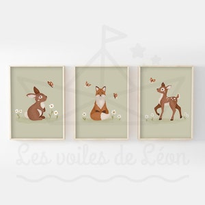 3er Set Wald Kinderposter 30x40cm Hase Fuchs Rehkitz Gänseblümchen Schmetterlinge Wanddeko Babyzimmer Geschenkidee Geburt