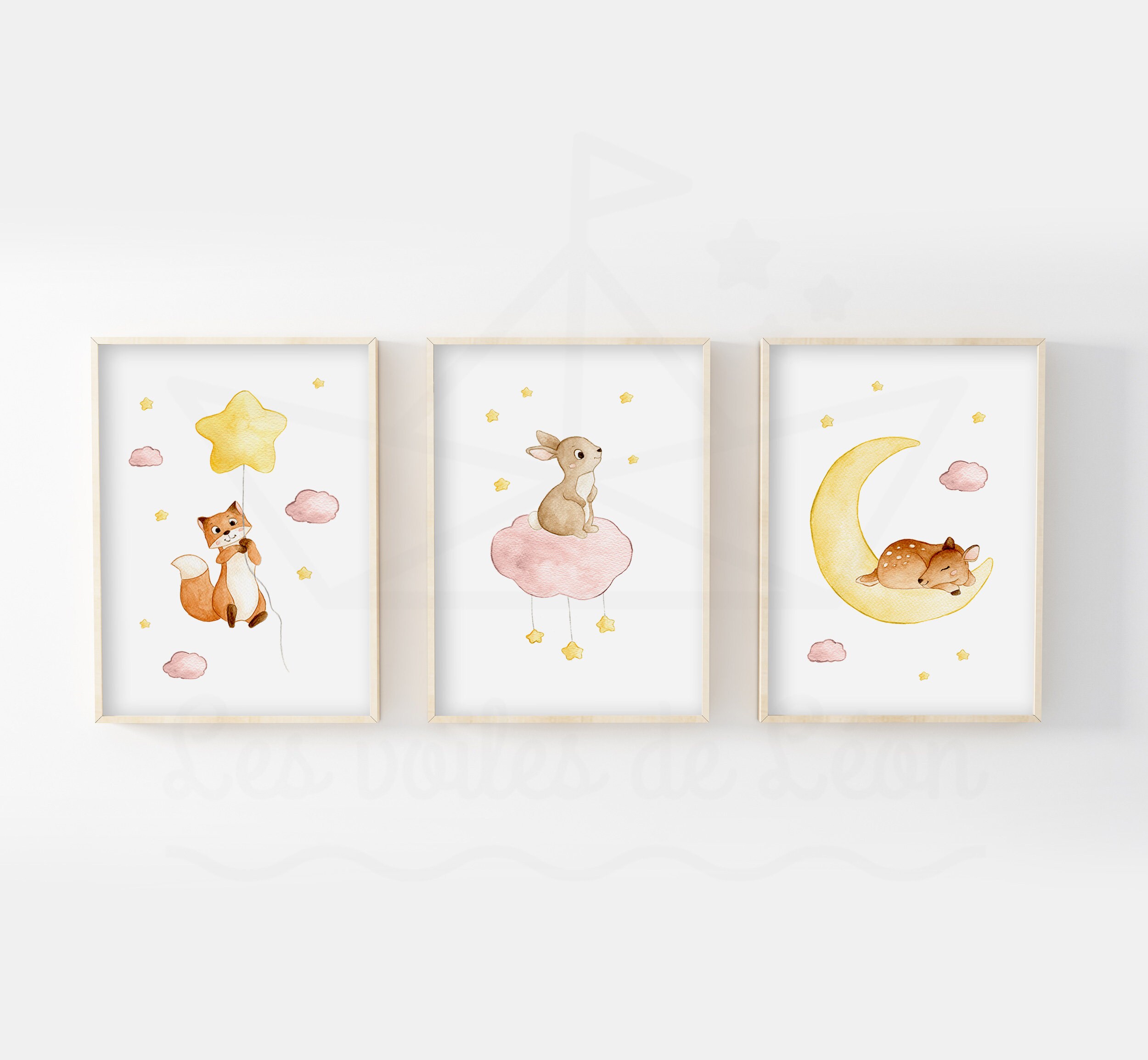 Aquarelles Chambre Bébé 30x40cm, Renard, Lapin et Faon Dans Les Étoiles, Cadeau Naissance, Baptême, 