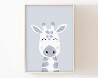 Affiche fille ou garçon 30x40 girafe, décoration murale chambre enfant, bébé, nouveau-né, cadeau naissance, impression, poster animaux gris