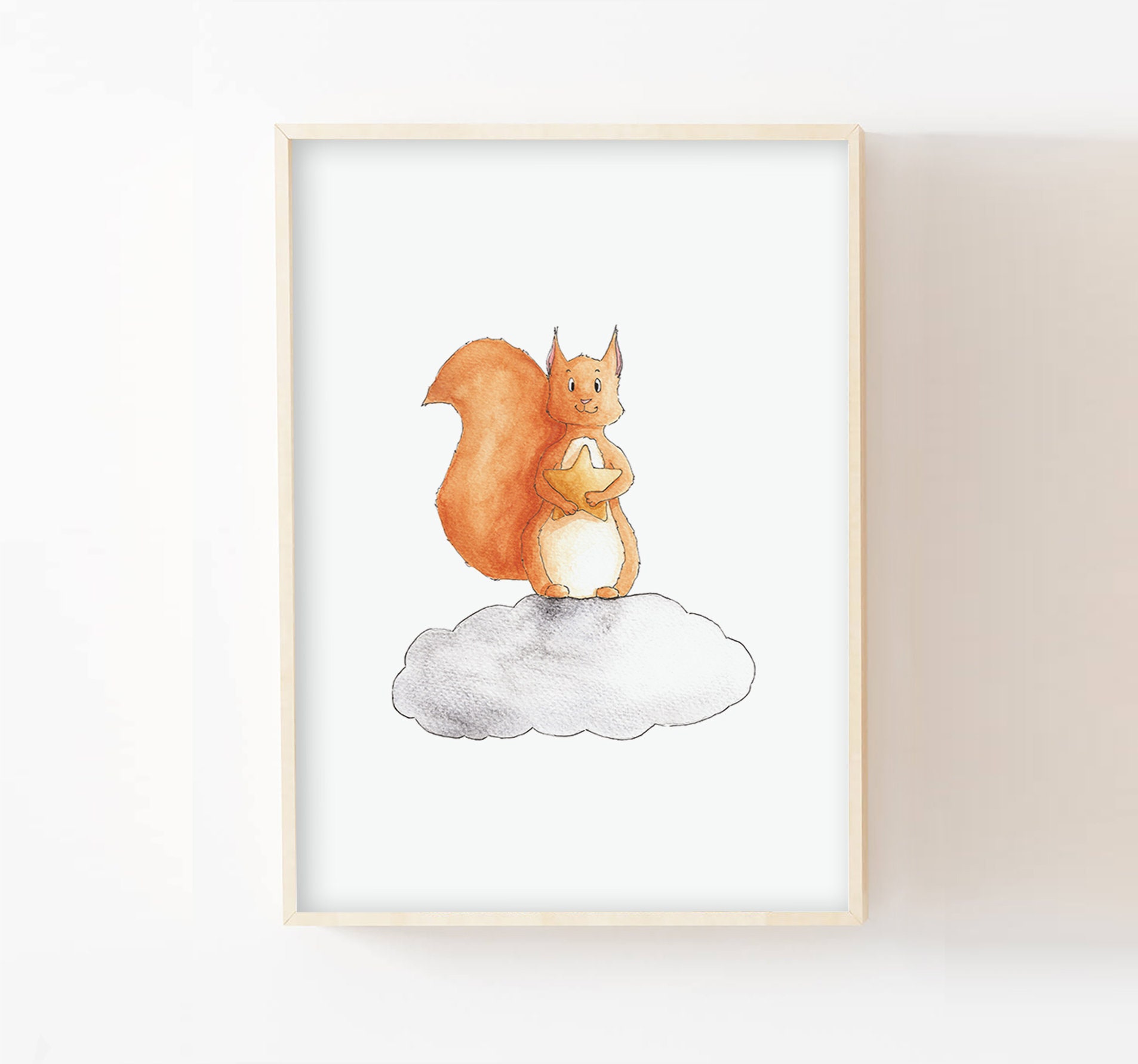 Affiche Bébé A4/13x18, Aquarelle Écureuil sur Son Nuage, Décoration Murale Chambre Enfant, Illustrat
