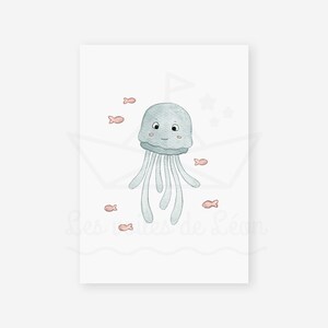 May include: A watercolor illustration of a light blue jellyfish with a smiling face. The jellyfish has long, flowing tentacles and is surrounded by small pink fish.