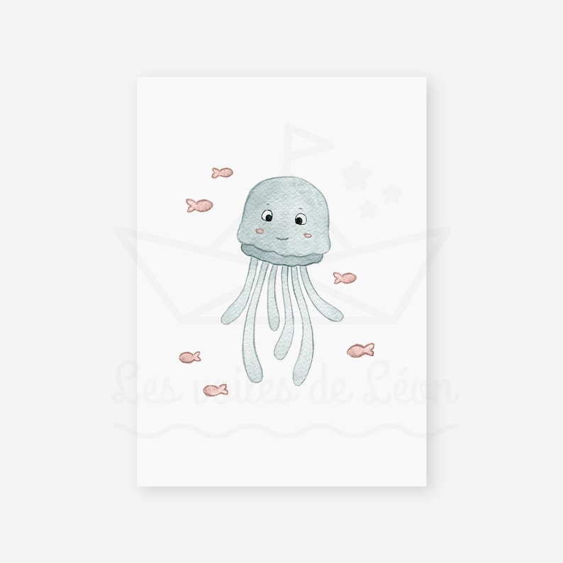 May include: A watercolor illustration of a light blue jellyfish with a smiling face. The jellyfish has long, flowing tentacles and is surrounded by small pink fish.