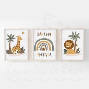 Set of 3 children's posters jungle rainbow animals lion giraffe wall decoration baby room safari hakuna matata personalized first name