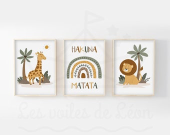 Lot 3 affiches enfant jungle arc en ciel animaux lion girafe décoration murale chambre bébé safari hakuna matata personnalisé prénom