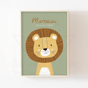 Children's lion poster, personalized wall decoration with name, safari animals, baby shower gift idea image 1