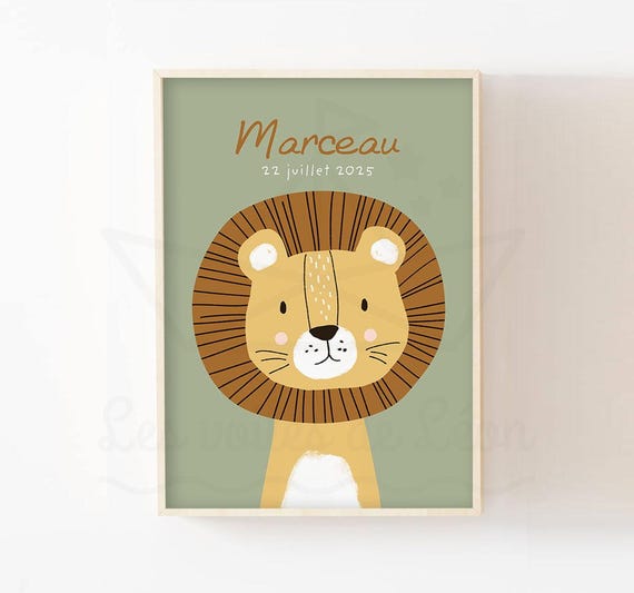 Affiche enfant lion  décoration murale personnalisée prénom animaux safari idée cadeau naissance bébé
